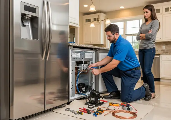 Refrigerator repair technician in Bahrain fixing residential fridge cooling problem