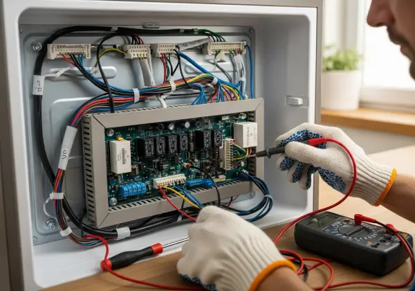 Refrigerator electrical fault repair technician fixing PCB and wiring issues in Bahrain