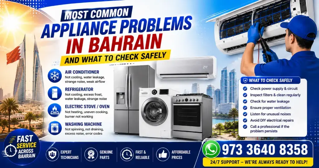 Technician comparing common AC, refrigerator, and stove warning signs